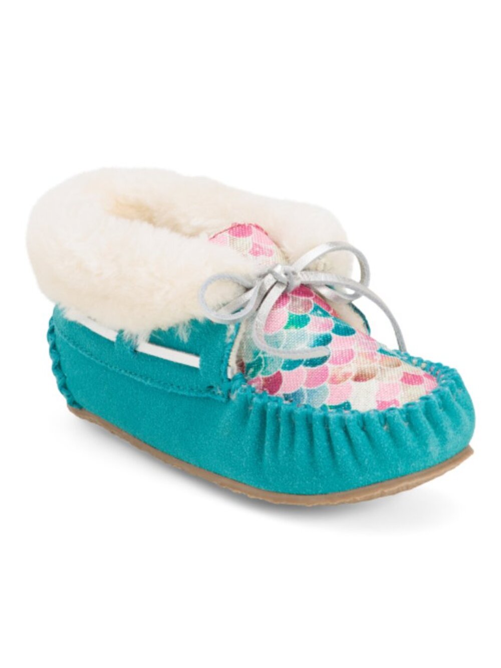 Minnetonka Charley Cozy Mermaid Moccasin Slippers Turquoise Suede Faux Fur NWT